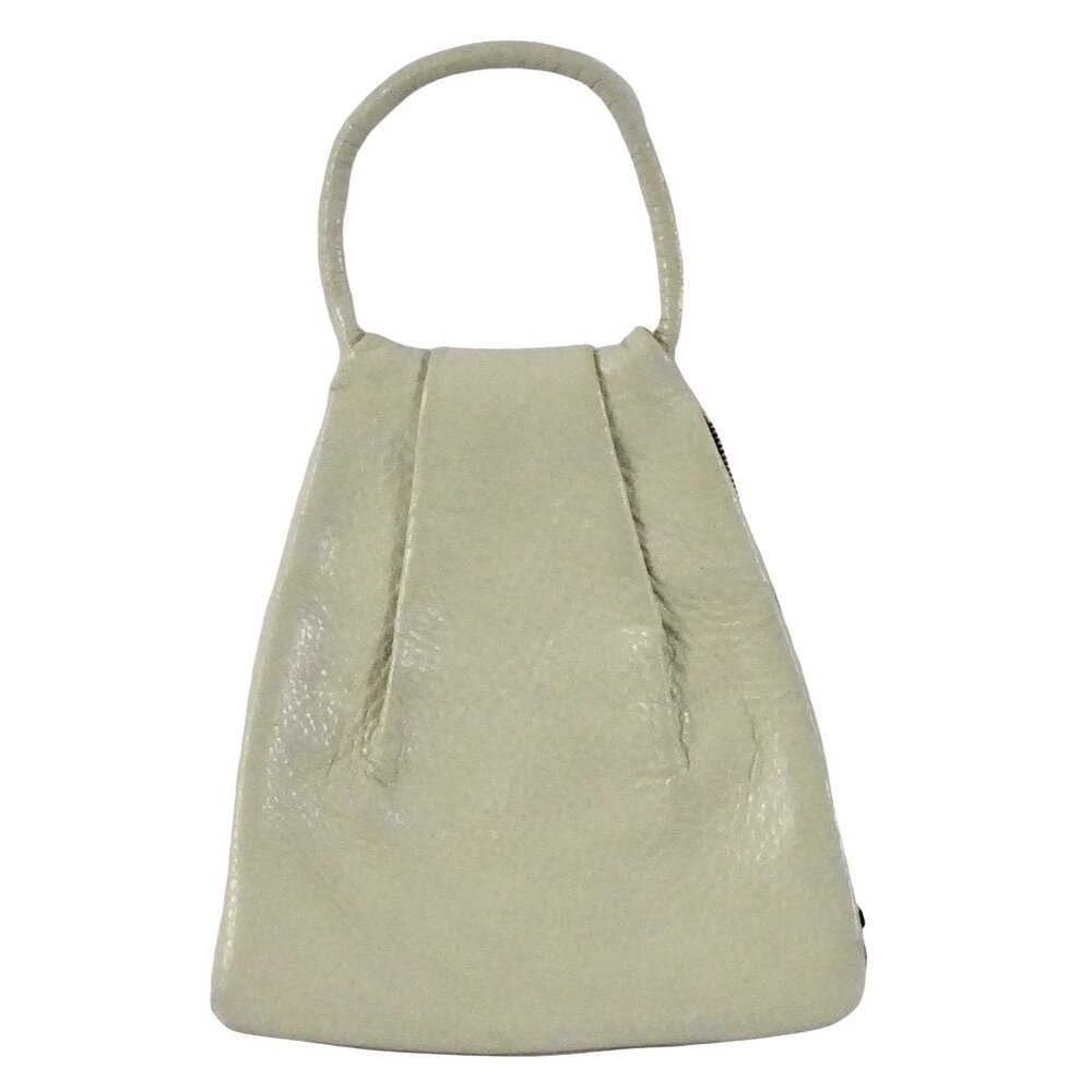 Vintage‎ Cream Pebbled Leather Handbag Talon Brass Zipper Pleated Side Zip